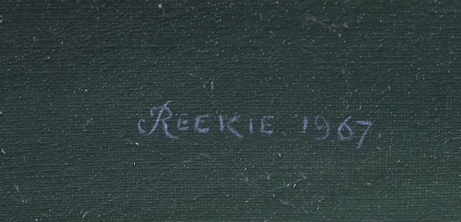 G.L. Reekie, oil on canvas, Earthenware bowl with Chianti bottle, signed and dated 1967, Stacy Marks label verso, 35 x 90cm